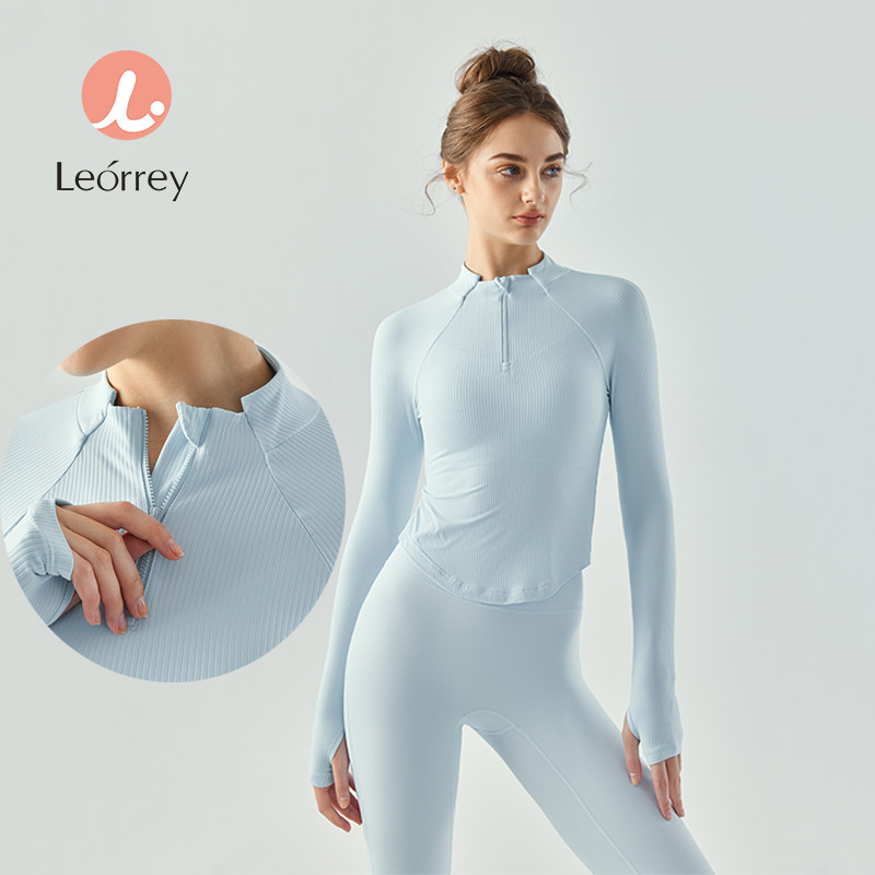 Leorrey-dài tay áo yoga quần áo mỏng mỏng thể thao đứng cổ áo nửa Zip thoáng khí