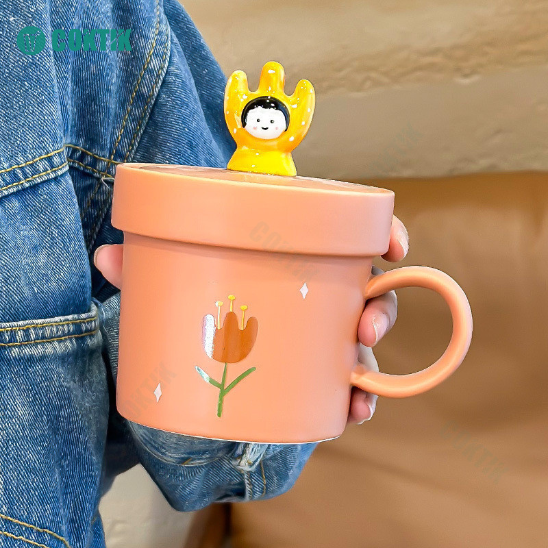 COKTIK Cốc gốm trong chậu có nắp cốc cà phê đẹp cốc uống nước gia đình cặp đôi Cốc sữa ăn sáng