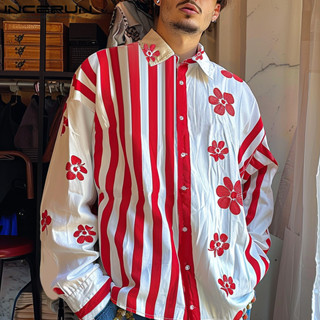 Áo sơ mi dài tay in hoa sọc cổ điển dành cho nam INCERUN