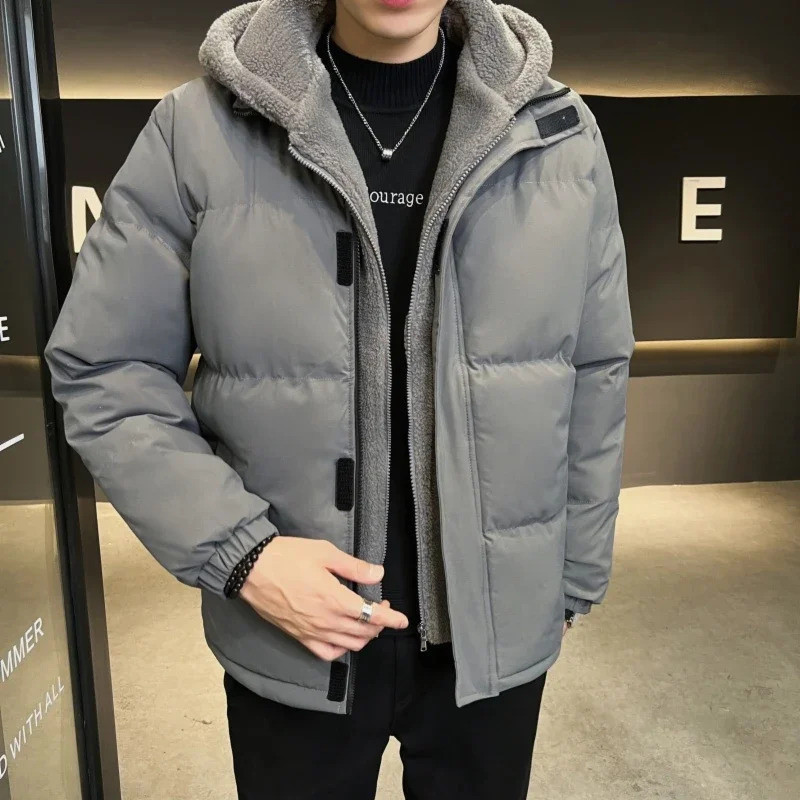 Áo khoác mùa đông mới Nam Parka Áo khoác có mũ trùm đầu ấm áp Dây kéo lên lông cừu lót Parka Ngoài t