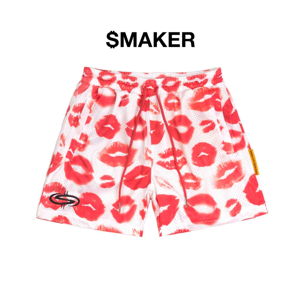 [SMAKER] Quần đùi ngắn in hình môi đỏ vải lưới màu trắng - THE KI$$ MESH SHORT IN WHITE