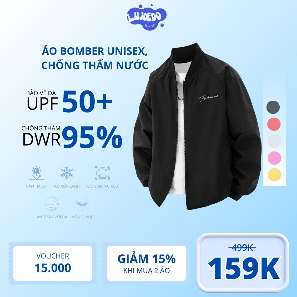 Áo khoác bomber dù 2 lớp trượt nước cản gió chống nắng unisex nam nữ