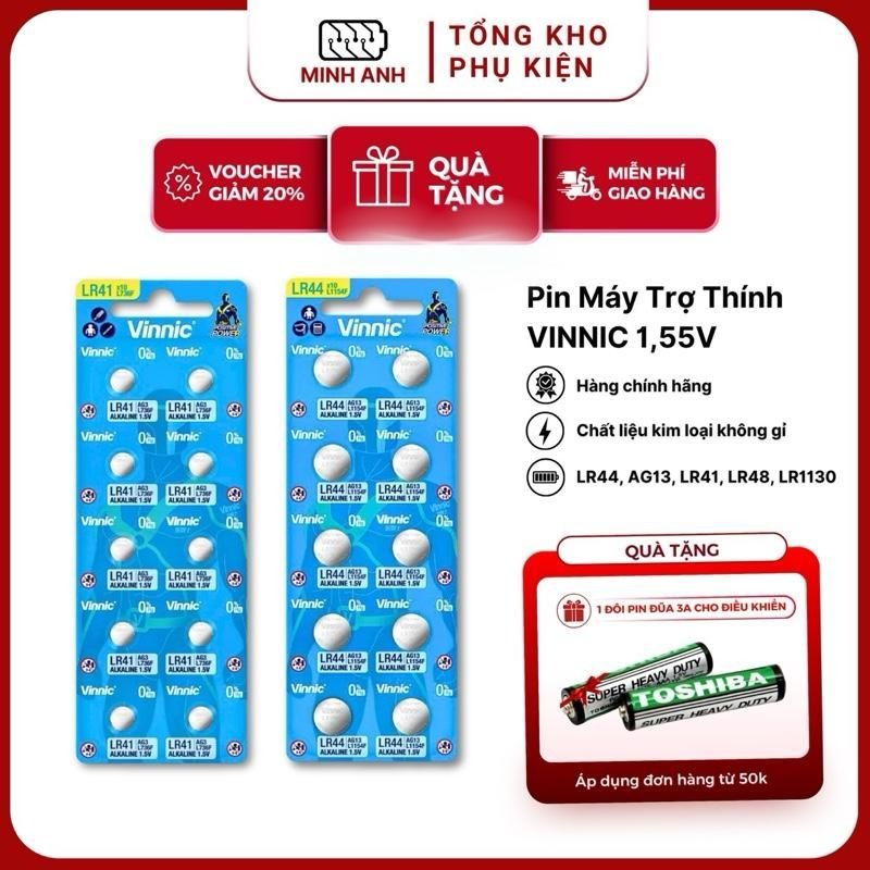 Vỉ 10 viên pin VINNIC LR44 L1154F AG13 1.55V chính hãng pin máy trợ thính