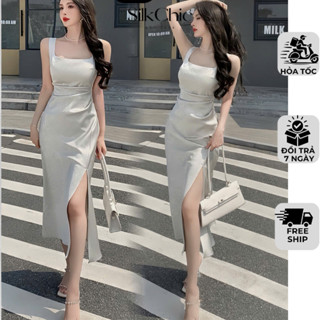  Đầm Váy Lụa Hai Dây Cổ Vuông Chiết Eo Tôn Dáng Đuôi Cá SC647 Váy 2 Dây Ôm Eo Dáng Dài 