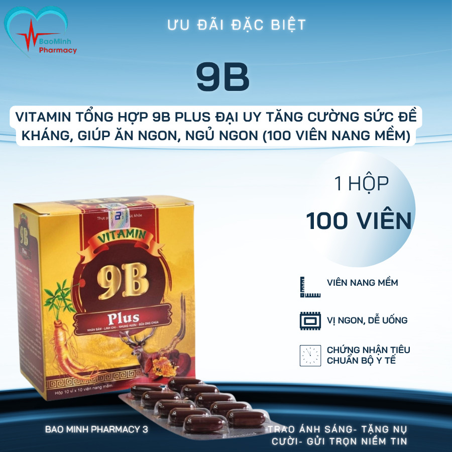 VITAMIN tổng hợp 9B PLUS Đại Uy tăng cường sức đề kháng, giúp ăn ngon, ngủ ngon (100 viên nang mềm)