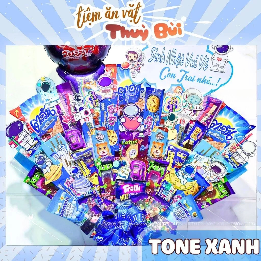Bánh Kẹo Màu Xanh Dương / Thế Giới Đồ Ăn Vặt Màu Xanh, , Concept Trang Trí Giỏ Quà Bánh Kẹo