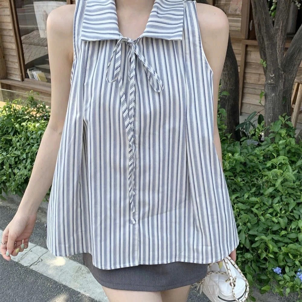 Áo sơ mi không tay kẻ sọc kiểu Pháp ngọt ngào, dáng babydoll Hàn Quốc rộng rãi cơ bản, áo nữ có nơ | BigBuy360 - bigbuy360.vn
