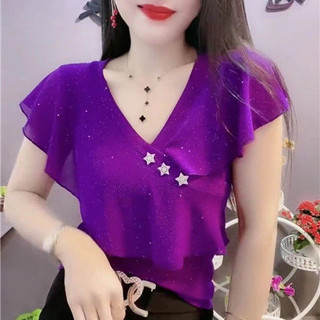 Ga Châu Âu Mùa Hè 2022 Phong Cách Mới Thời Trang Áo Thun Nữ Cổ Chữ V Gợi Cảm Xù Ngôi Sao Sáng Co Giãn Mỏng Hơn Nhìn Áo Sơ Mi Nhỏ