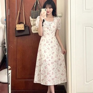 Váy Liền Hoa Nhỏ Cổ Điển Kiểu Pháp Váy Xẻ Bong Bóng Dây Thắt Eo Tôn Dáng Gầy Mẫu Mới Mùa Hè