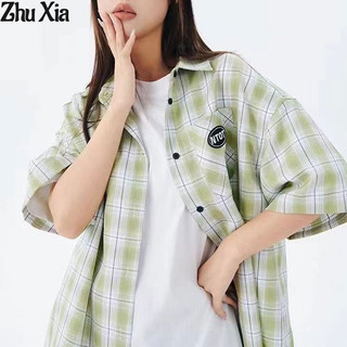 Áo sơ mi nữ Zhu Xia Áo sơ mi ngắn tay kẻ sọc xanh lá cây thiết kế mùa hè