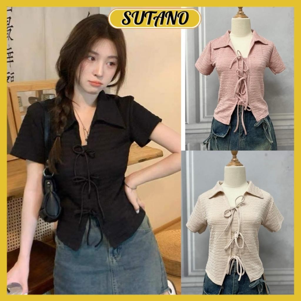 Áo kiểu nữ brandy coquette cổ polo thắt nơ ngực chất liệu xốp nhăn co giãn A334 SUTANO