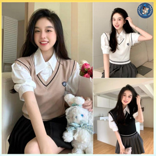 [A003] Áo len nữ Montoghi GILE kiểu 2 LỚP phối cổ sơ mi tay phồng dệt kim Quảng Châu xinh xắn - L2M