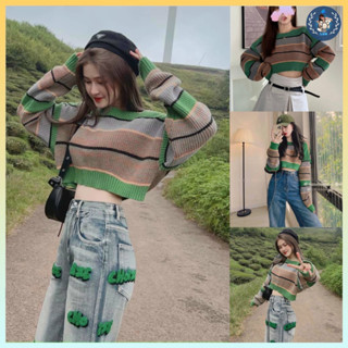 [A051] Áo len nữ Montoghi dệt kim TAY DÀI dáng CROPTOP kẻ sọc xanh HQ loại 1 chơi Đà Lạt  - L2M