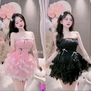 Đầm xòe cúp ngực đính nơ tùng xòe 3 tầng gợn sóng viền ren siêu cưng , hot , đi chơi cực xinh