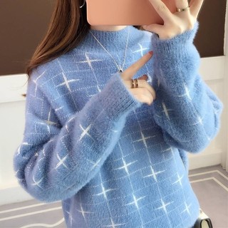 [Hàng giao ngay] Áo len dệt kim nửa cổ cao cổ chồn giả phong cách thu đông mới dành cho nữ, áo dệt kim ngắn dáng rộng phong cách Hàn Quốc