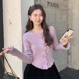 X xxxxx Feel Fungus Edge Ba Chiều Camellia Hồng Áo Len Nữ Mùa Đông Ngắn Dệt Kim Cardigan Sang Trọng Đế Áo Feng Huanguan Lông Cừu