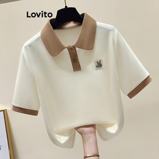 Lovito Áo thun có cổ tương phản chắp vá thông thường dành cho nữ LNE58764