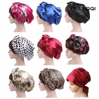 HULEQQI Mũ ngủ ban đêm lụa dân tộc Satin Turban in hoa Bonnet tóc