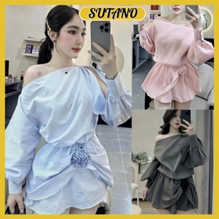 Set váy tơ tiểu thư tay bồng lệch vai tay dài nhún eo sang chảnh kèm hoa B580 SUTANO