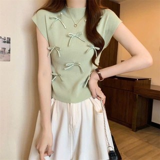  Áo len tay ngắn  áo len cổ lọ tay hến đính nơ rúm eo chất len dệt kim mềm mại không xù hàng QCCC loại 1 -237 