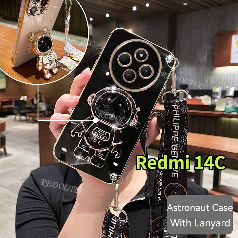 Ốp lưng Redmi 14C 4G 2024 Thời trang mới Vỏ điện thoại mạ điện 6D dễ thương Xiaomi Redmi14C Redmi 14 C Có giá đỡ phi hành gia Dây đeo chéo dài cho bé gái