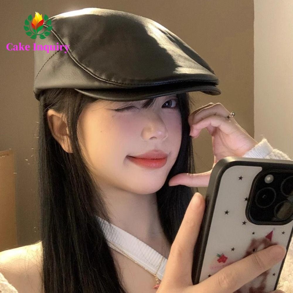 Mũ nồi da PU SAHRAI, Mũ nồi Harajuku Gothic Y2k, Thời trang Tiểu văn hóa cổ điển Mũ họa sĩ nam nữ