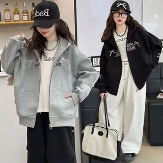 [Hàng có sẵn] Áo khoác bé gái 3-14 tuổi Áo len cardigan trẻ em phiên bản Hàn Quốc có dây kéo Áo hoodie bé gái Áo khoác mùa thu nơ trẻ em Áo khoác mùa xuân thu