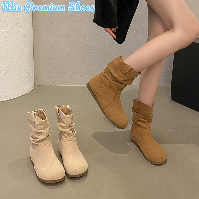 Giày bốt cổ điển thời trang màu nâu dành cho nữ Giày bốt xếp ly bằng da mềm