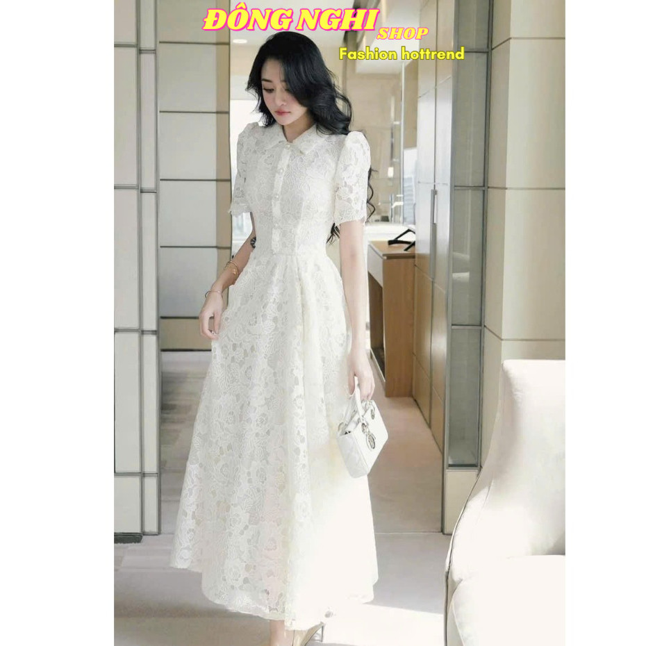 DX_ Đầm váy dài, đầm đi tiệc, váy dự tiệc dáng dài Ren cổ bẻ tay ngắn kết nút ngọc dáng midi