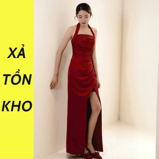 [DEAL XẢ KHO] Đầm Lụa Dự Tiệc Hở Lưng Xẻ Tà Cổ Yếm Sang Trọng - SC562 Váy Lụa Mềm Mại 2 Lớp Thắt Nơ Mút Ngực