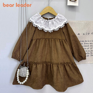 BEAR LEADER Gấu Lãnh Đạo Phiên Bản Hàn Quốc Dài Tay Thường Ngày Đầm Trơn 3-7 Tuổi Xuân Thu Màu Ren Ve Áo Quần Áo Bé Gái