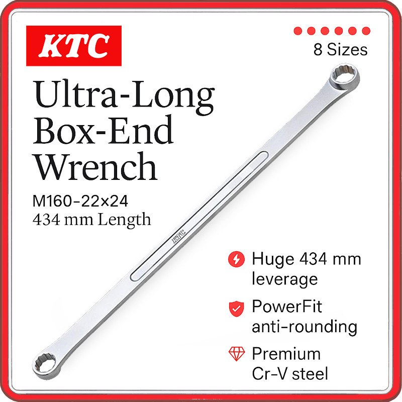 KTC Japan M160 Ultra-Long Double Box-End Wrench | Metric Sizes 8×10mm to 22×24mm | Cr-V Steel PowerF