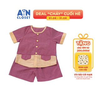 Bộ quần áo ngắn Bé trai họa tiết Caro nhí đỏ viền vàng cotton AICDBGOJ95HS AIN Closet