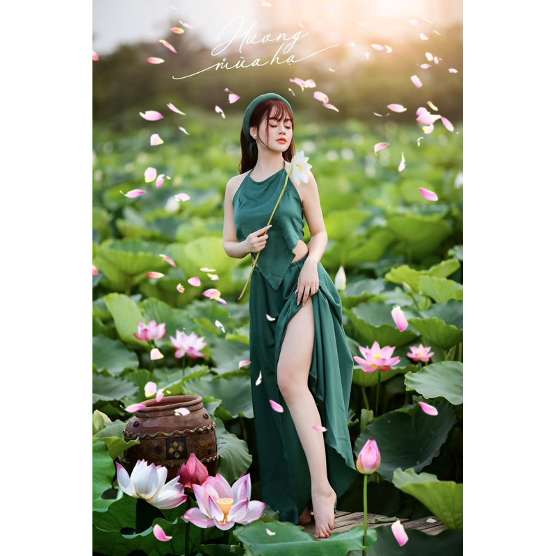 Set yếm váy chụp sen siêu xinh. Yếm + váy dài + mấn