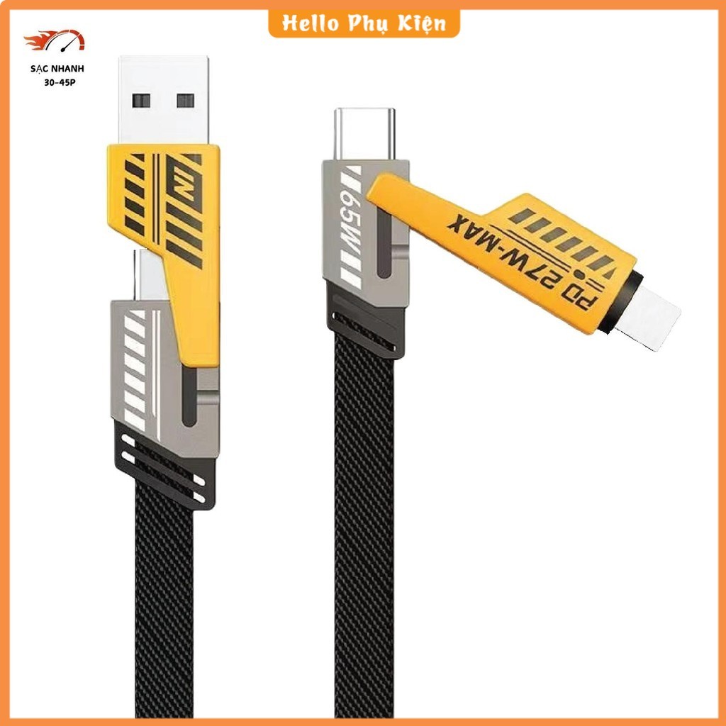 Cáp sạc 4 in 1, Dây sạc nhanh 4 đầu 65W. Dây dù, đầu cáp kim loại, chống gẫy. Dây sạc 4 in 1, Dây sạ