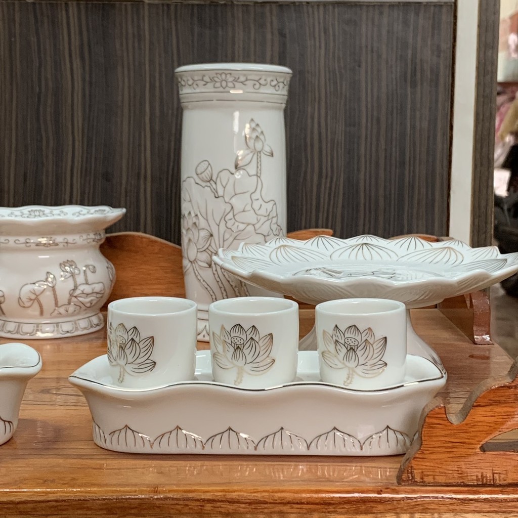 Bộ Thờ Cúng Lư Hương Bát Nhang Bình Hoa Ống Nhang Dĩa Án Chung Hũ Gạo Muối Chung Nước Thờ Cúng