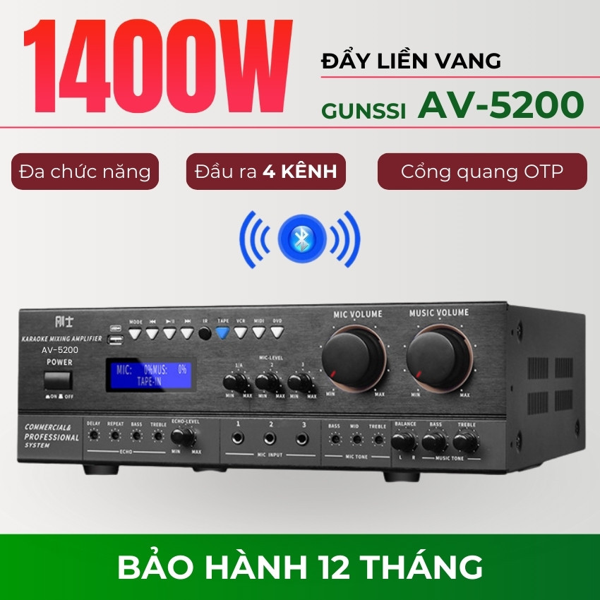 Đẩy Liền Vang Gunssi KA 5200 Công Suất Lớn 1400W, Đẩy Liền Vang 4 Kênh Âm Thanh Chất Lượng, Âm Ly Ka