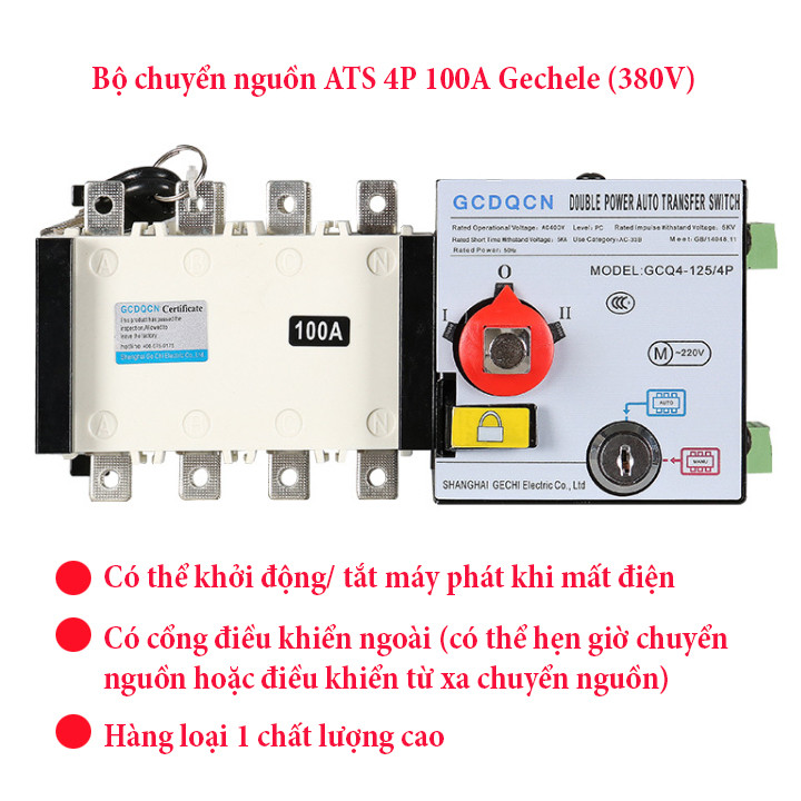 Bộ chuyển đổi 2 nguồn điện tự động ATS 3 pha 380v 100A Gechele GCQ4-125/4P, cầu dao đảo chiều tự độn