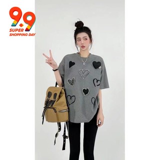 Kích Thước Lớn 150kg Thiết Kế Cảm Giác Công Nghiệp Nặng Nóng Kim Cương Tình Yêu Tay Ngắn Thu Đông Chải Dày Áo Thun Rời Sli