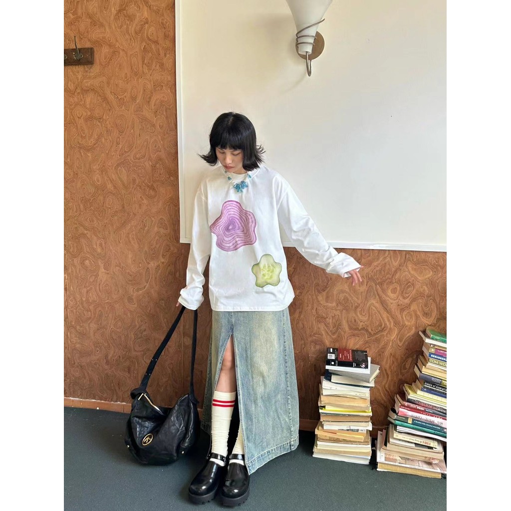 XUANMO Local brand Áo thun tay dài Áo thun phông form rộng 100% cotton BIG SIZE Áo T-shirt Nữ Ngắn T