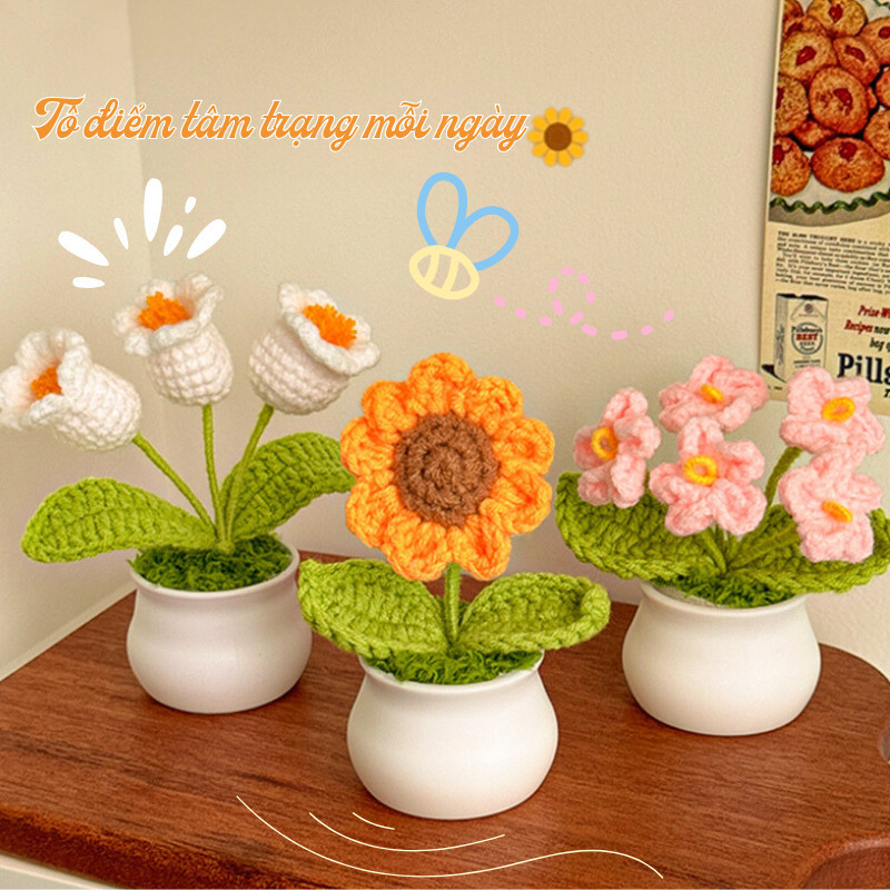 Chậu Hoa Giả Dệt Kem Len C&M BABY Handmade Mini Quà Tặng Ý Nghĩa
