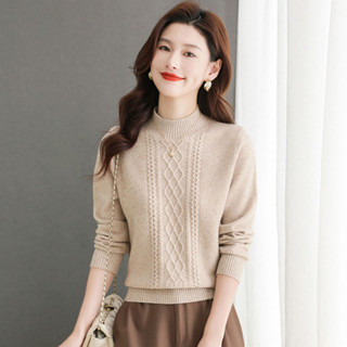[Có hàng] Áo len bán cao cổ ngắn mùa thu đông dành cho nữ, áo len dệt kim dáng rộng và giảm béo phiên bản Hàn Quốc, áo dệt kim ấm áp màu trơn.