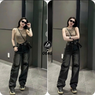 Quần jean nữ ống rộng màu xám rách gối cạp cao cute Lê Huy Fashion MS 0645