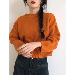  Jiashuchen Áo Len Ngắn Dày Nữ Thu Đông Phong Cách Mới Rời Lười Thời Trang Dày Len Màu Kẹo Đan Áo Len Top 