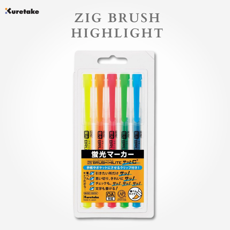 Kuretake ZIG Brush Highlight Markers - 5 Color Set, Japan Diary/ Journal Stationery