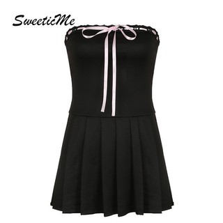 SweeticMe Váy Nữ Thời Trang Mới Màu Sắc Tương Phản Viền Nơ Giáng Sinh Ngọt Ngào Xếp Ly Đầm