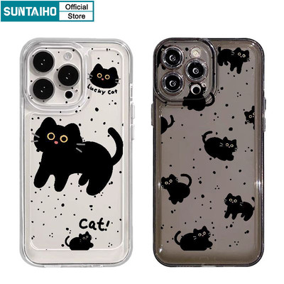 Suntaiho Độc Đáo Ngộ nghĩnh Vỏ Điện Thoại Họa Tiết Mèo Đen Hoạt Hình Cho Iphone 15 14 12 13 11 Pro Max IP 7 8 Plus Iphon X Xs XR Xs Max TPU Mềm Cao Cấp Chống Sốc Ốp Lưng