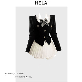 Đầm hela tay dài kết hợp cổ yếm gắn nơ phong cách tiểu thư phối chân váy xếp li dáng ngắn thanh lịch trẻ trung