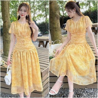 Đầm voan hoa siết eo nút bọc dáng xòe xếp ly màu vàng đẹp rực rỡ (sẵn mút) - Như Ý