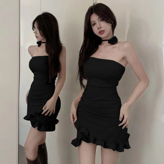 Váy Ống Suông Viền Bèo Dáng Gầy Phong Cách Đen Tối Khí Chất Váy Ngắn Ôm Ngực Không Quy Tắc Tôn Dáng